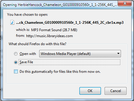 Image of dialogue box prompting to save the MP3 file in Freegal.