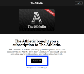 Sign-in page of The Athletic with Redeem Gift button highlighted