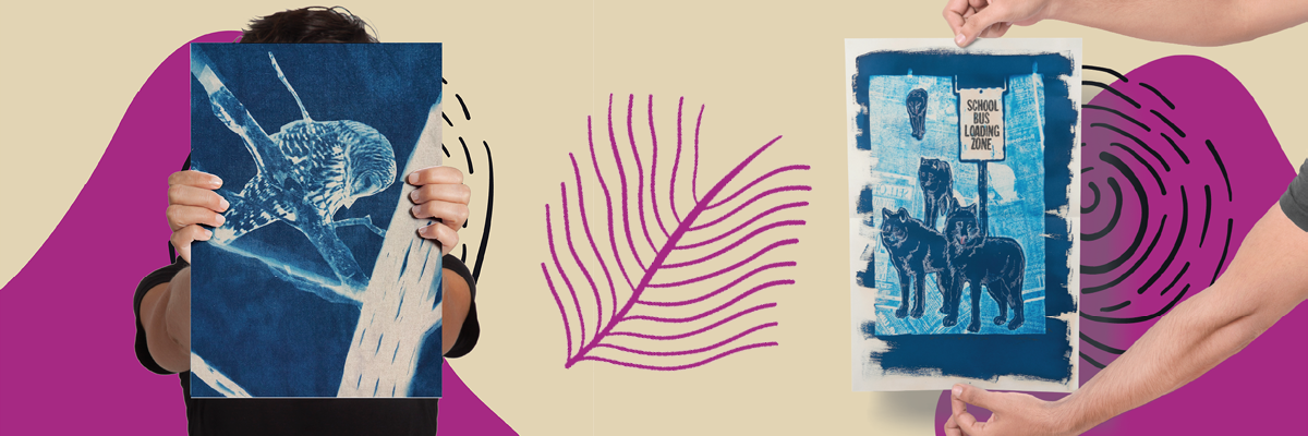 Two individuals holding up paintings depicting animals