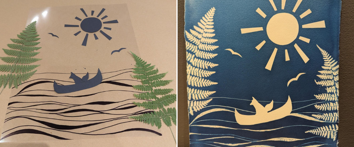 Before and after image of a cyanotype art piece
