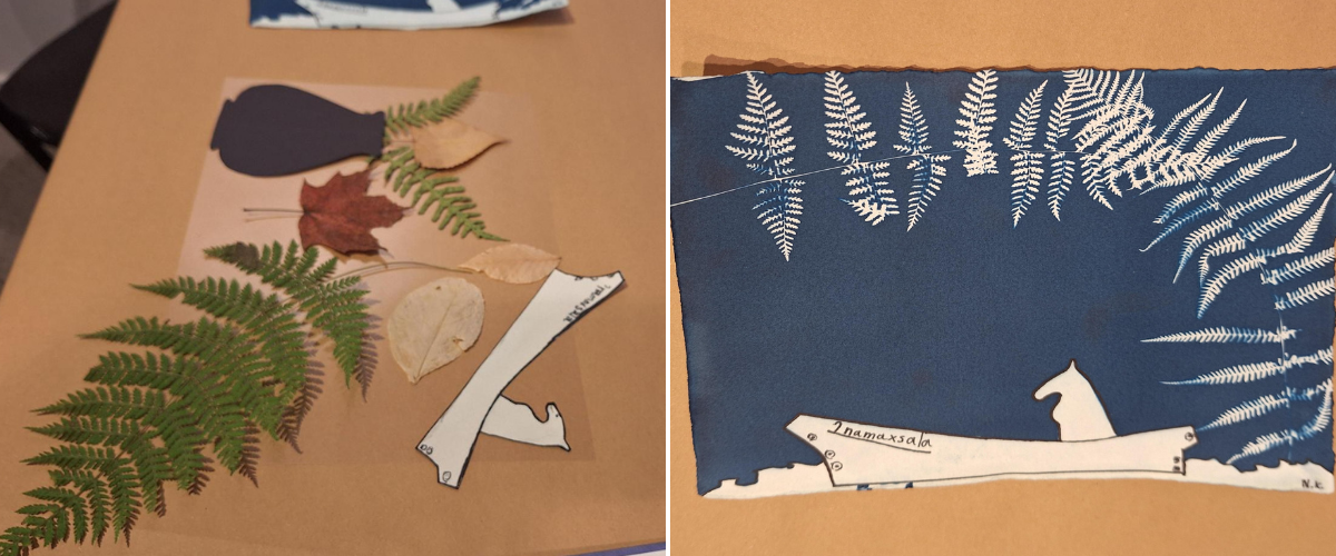 Before and after image of a cyanotype art piece