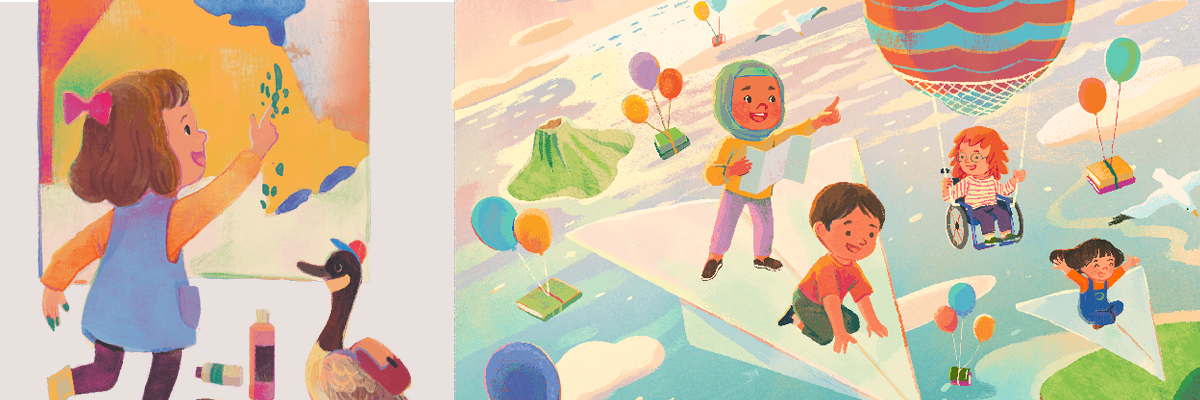 A girl drawing, Two kids on a paper plane and other kids playing with their baloons