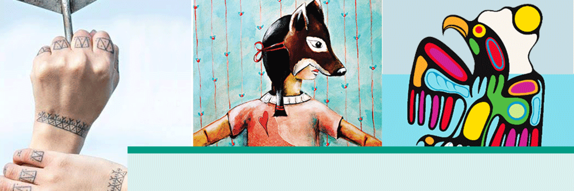 An image in three parts: a pair of tattooed hands, a person wearing an animal mask, and a stylized painting of a bird.