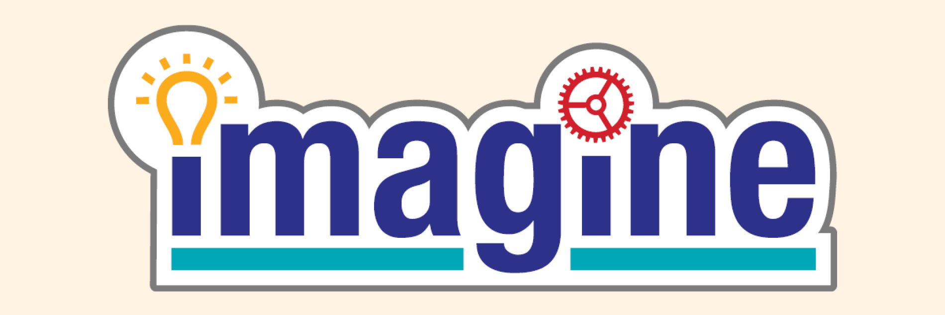 The word Imagine illustrated with a lightbulb and gear. 