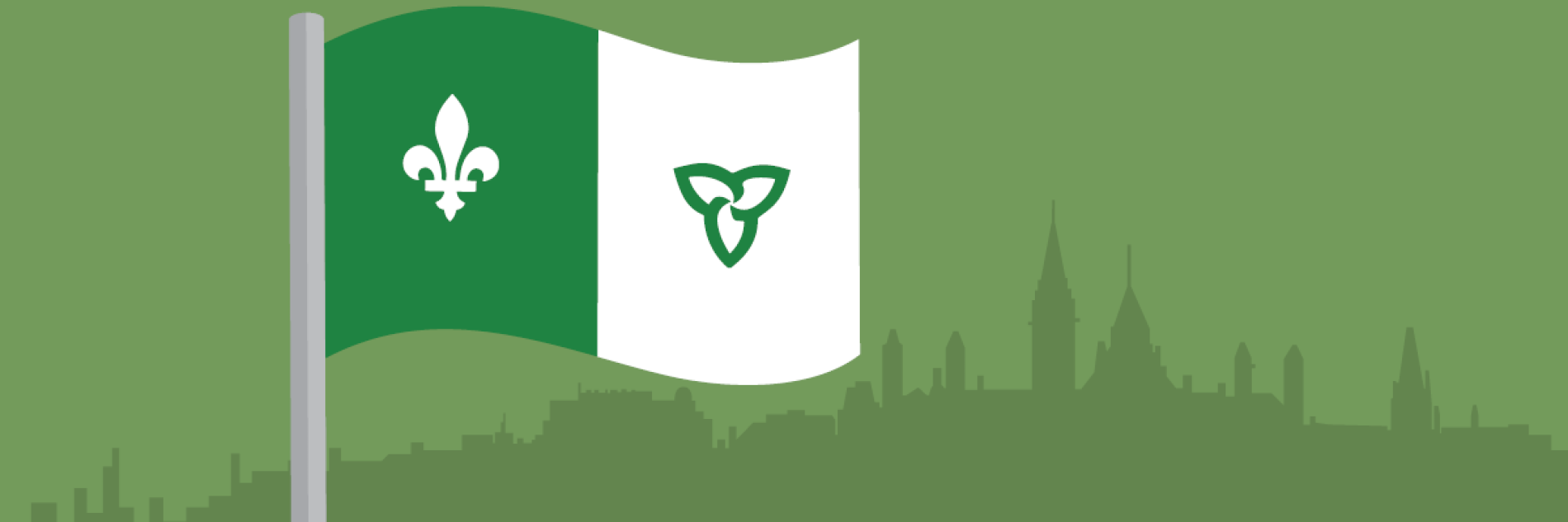 Image of the Franco-Ontarian flag on a pole with a silhouette of the Parliament in the background