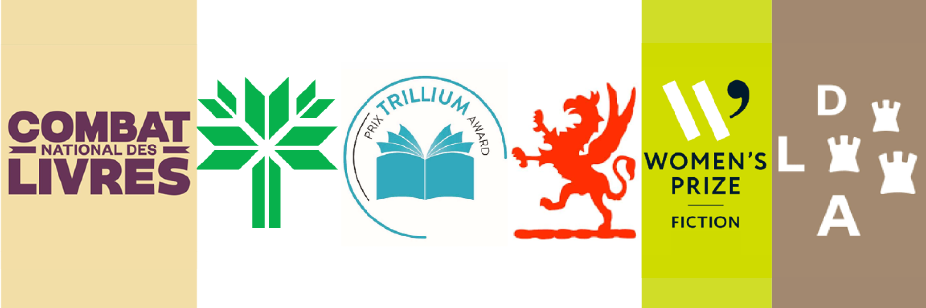 Logos de plusieurs prix littéraires majeurs remis au printemps, dont : le Combat national des livres (Radio-Canada), le Women’s Prize for Fiction, le prix Griffin de poésie, le prix Shaughnessy Cohen pour l’écriture politique, le Festival de la forêt de la lecture, le Prix Trillium et le Dublin Literary Award.