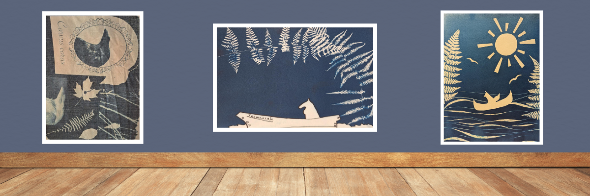 Series of sun print art pieces created by workshop participants