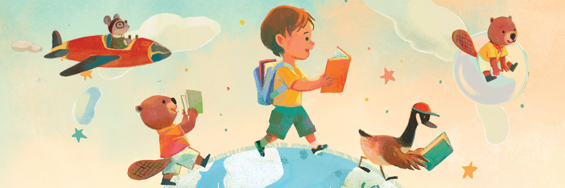 A boy reading a book while walking on a globe alongside a bear and a goose. 