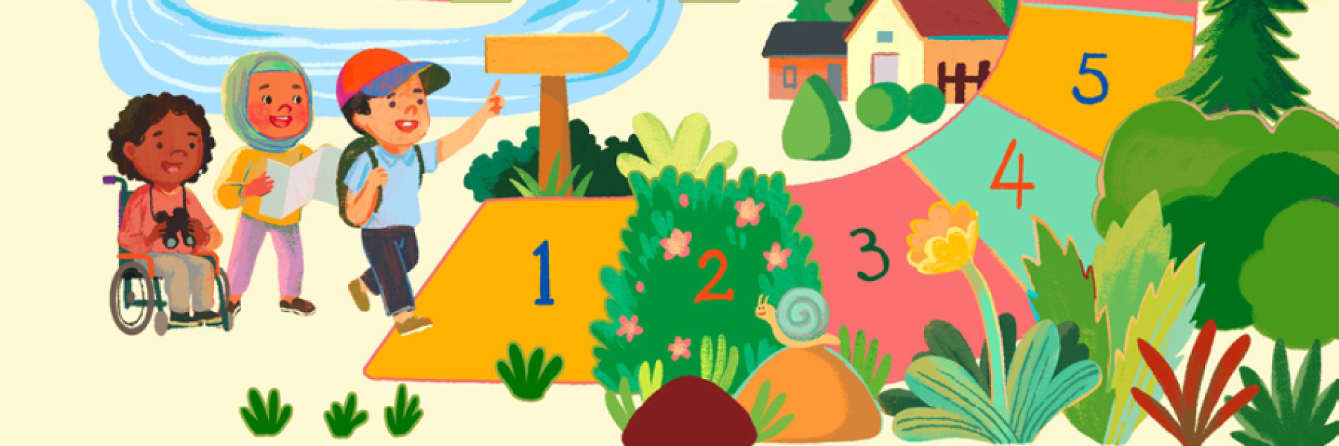 Children are about to walk down a tree-lined numbered street, with a house visible at the far end.