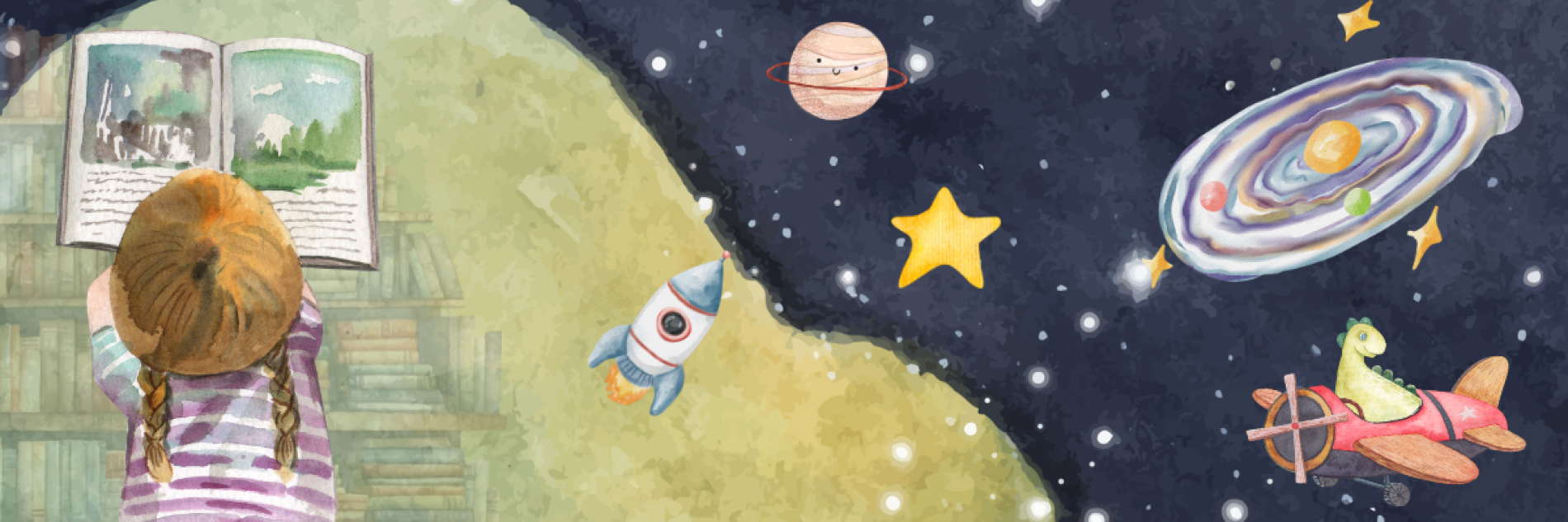 A little girl reading a book surrounding by stars, planets in space. / Une petite fille qui lit un livre et qui est entourée de planètes et d'étoiles dans l'espace.