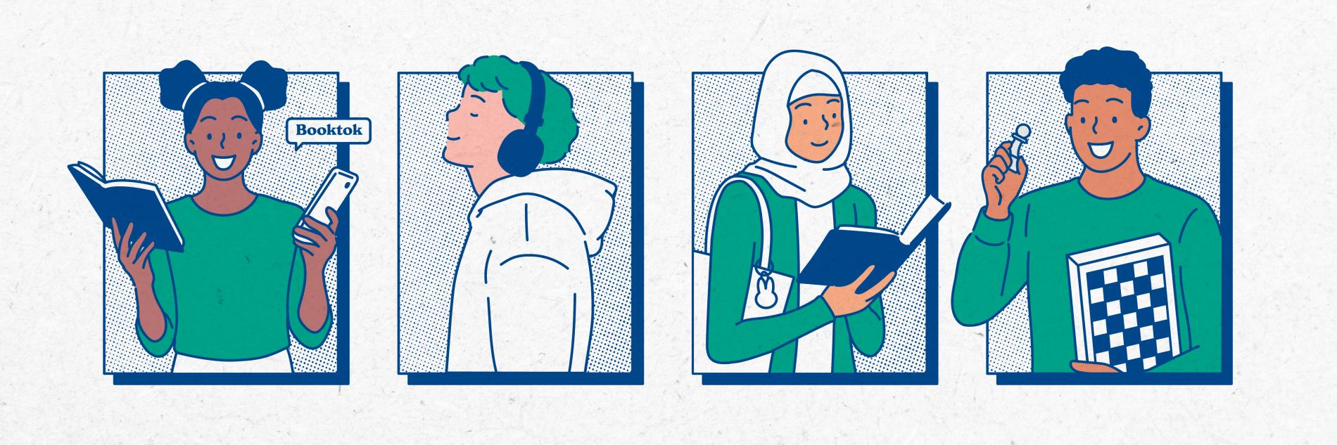 Teens coming from different cultural background reading a book, listening to music or playing at a board game.