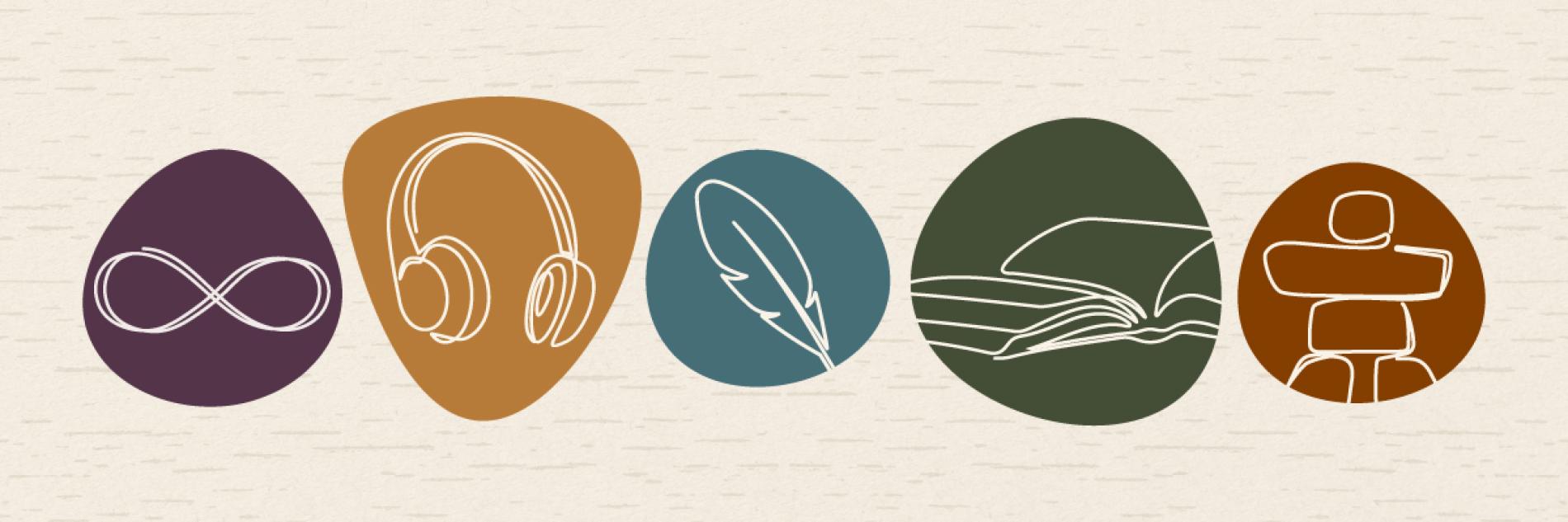five icons, including feather, book and headphones