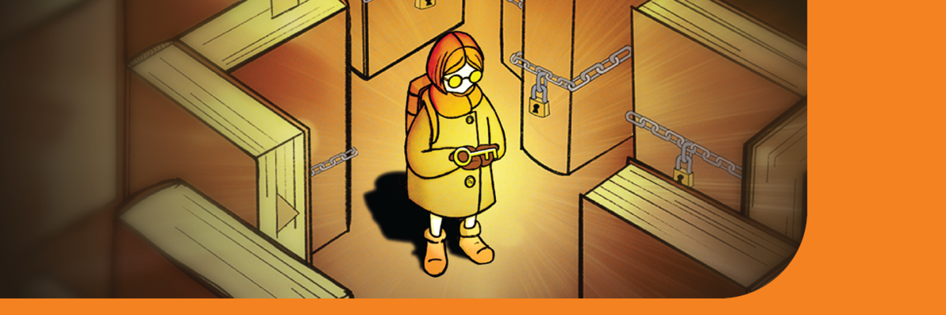 Illustration of a woman reading a book with large books around her