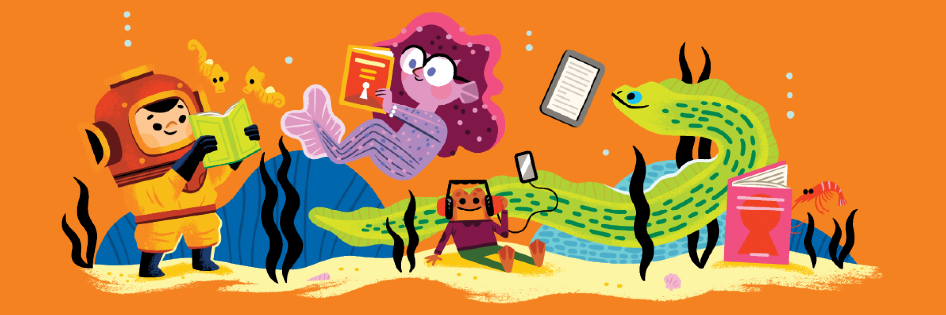 Illustration of marine creatures and a child wearing a  diving suit and holding a books