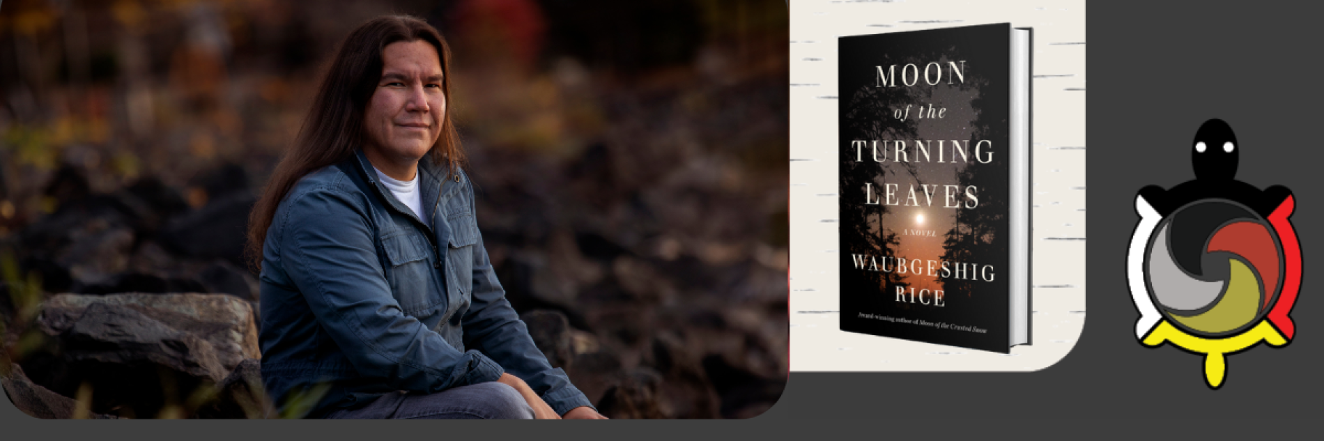 Author sitting in nature with book cover and turtle to the left