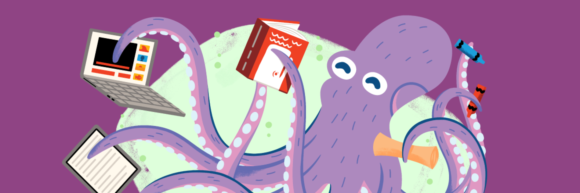 An octopus holding books, laptop, crayons, on a purple background.