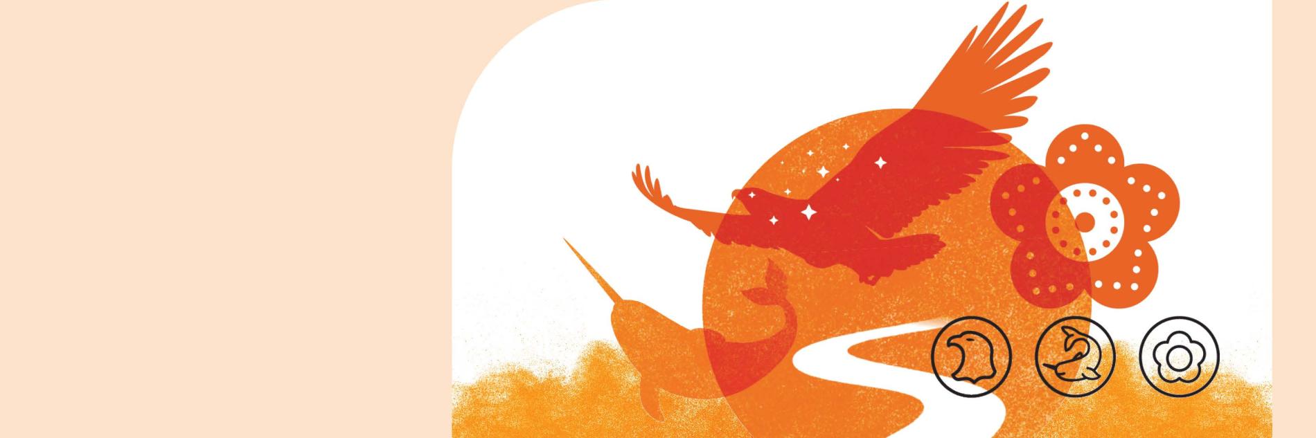 Orange-toned illustration of a flying bird and narwhal silhouette against a large sun, with nature-themed icons and floral accents.