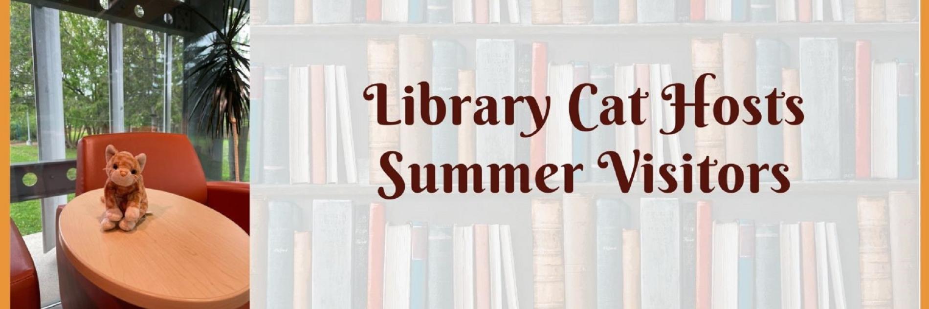 A stuffed cat on a table with the text: "Library Cat Hosts Summer Visitors"