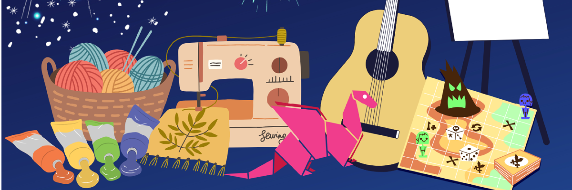 Various hobbies: knitting, paints, a sewing machine, a guitar and a board game. 
