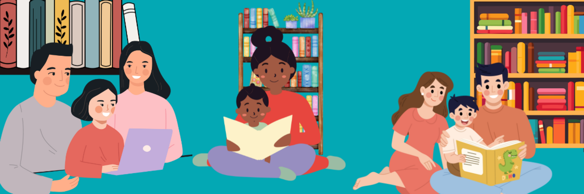 Three families reading with children in a library.