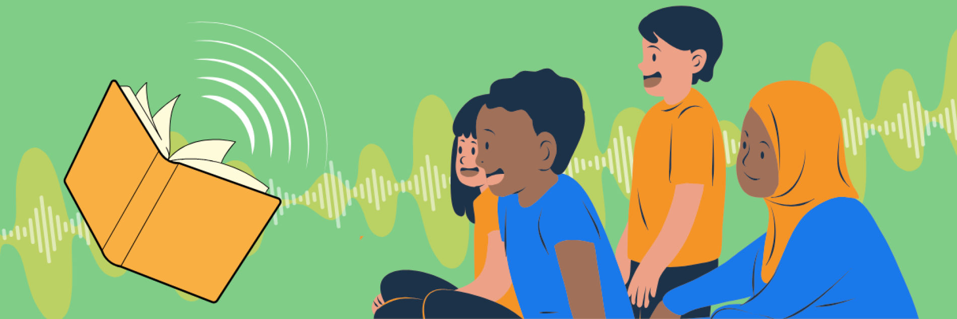 a book with sound graphic on the left side. On the right side, kids from diverse cultural background