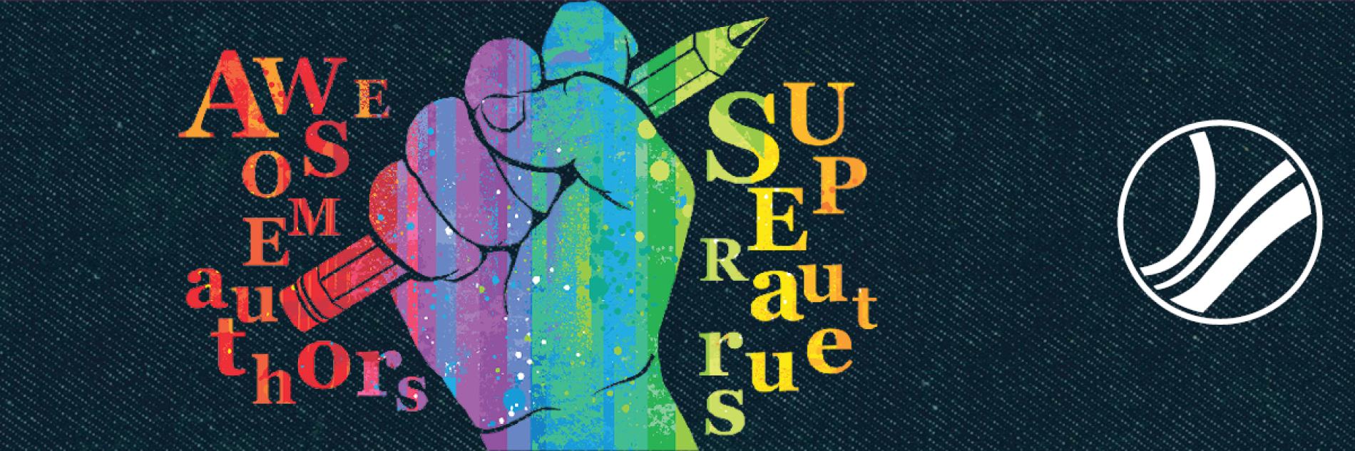 A hand holding a pencil in the center of the following words: Awesome authors Supers auteurs on a black background.