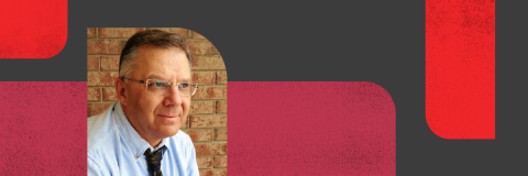 Rick Mofina headshot on a black and red background