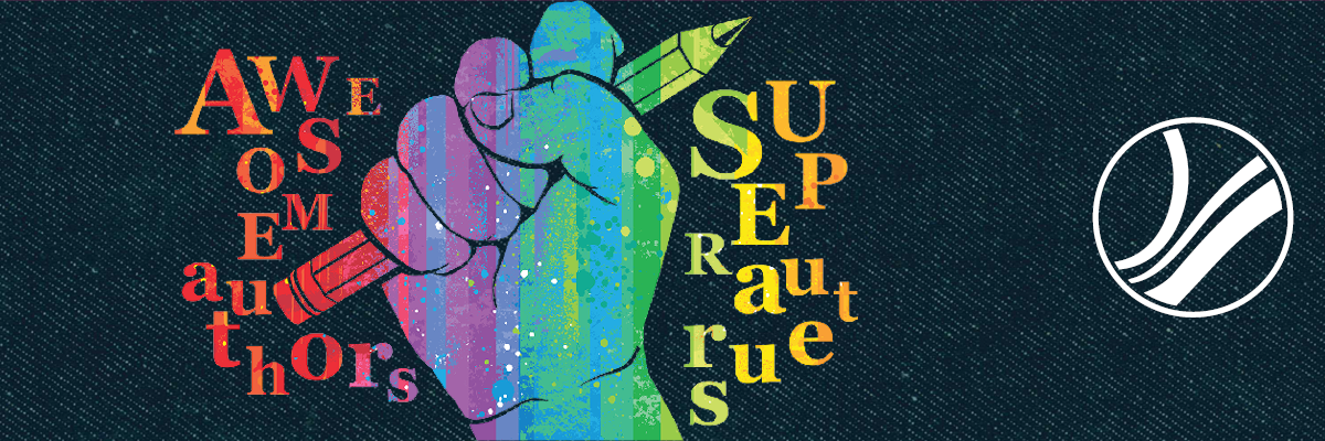 A hand holding a pencil in the center of the following words: Awesome authors Supers auteurs on a black background.